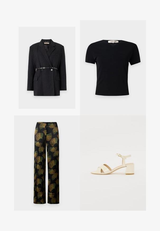 Zwarte pinstripe blazer met een dubbelgebrek ontwerp, voorzien van een tailleband, twee frontzakken en met een geklapte revers. Soepele textuur.; Zwarte T-shirt met korte mouwen en V-halsontwerp, gemaakt van een gladde, rekbare stof. Kenmerkt zich door een eenvoudige, klassieke silhoutte zonder versieringen.; Zwarte wijde broek met een groen en oranje ginkgo-bladprint. De stof heeft een subtiele textuur die het patroon benadrukt.; Beige gepolijst lederen sandalen met hakken, voorzien van een kruisbandontwerp, open teen, verstelbare enkelband en een blokhak. Gladde textuur.