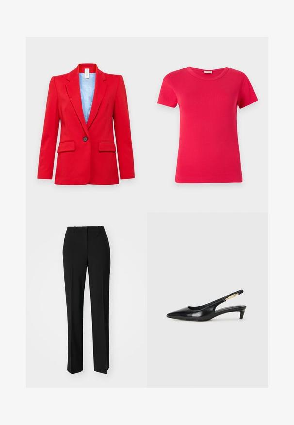 DRYKORN ATLIN - Blazer - red; Camiseta roja de manga corta con textura acanalada y escote redondo, hecha de una tela suave, con un corte estándar y sin patrones visibles.; Pantalones negros ajustados con un diseño de pierna recta, que presentan una textura suave y pliegues nítidos en el frente. Sin herrajes visibles.; Tacones negros de piel sintética tipo slingback con punta afilada, que cuentan con un tacón delgado y un detalle en tono dorado en la correa ajustable. Textura suave.