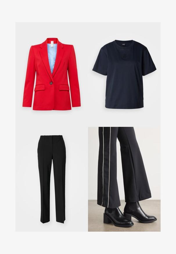 DRYKORN ATLIN czerwony; Granatowa koszulka z krótkim rękawem wykonana z miękkiej bawełny. Posiada okrągły dekolt oraz subtelnie haftowane logo na piersi.; Czarne spodnie o dopasowanym kroju z prostymi nogawkami, o gładkiej fakturze i wyraźnych zagięciach z przodu. Bez widocznych elementów metalowych.; Czarne skórzane botki za kostkę na słupku, z elastycznymi panelami po bokach. Połączone z czarnymi spodniami z białym paskiem po boku.