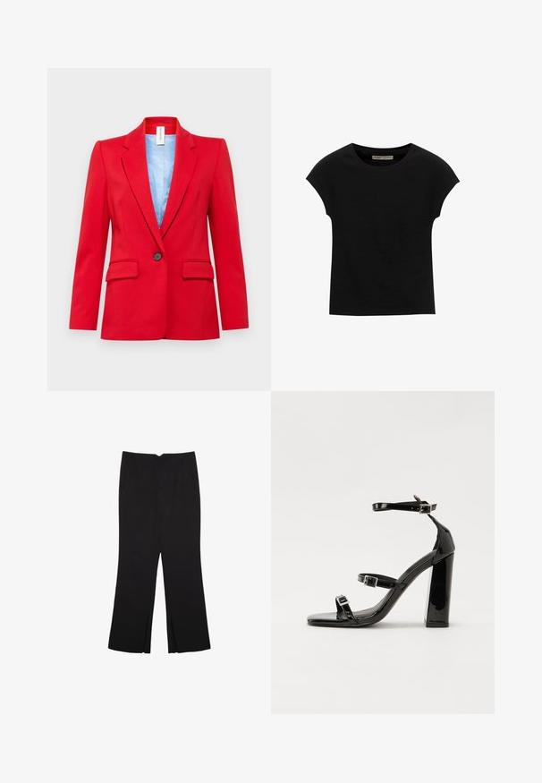 DRYKORN ATLIN - Blazer - red; T-shirt nera a maniche corte realizzata in tessuto morbido, con scollatura rotonda e vestibilità comoda, caratterizzata da una texture liscia e senza pattern.; Pantaloni neri a gamba dritta, con tasche frontali e spacchi laterali all'orlo. Realizzati in tessuto morbido e liscio. Adatti a diverse occasioni.; Sandali con tacco in vernice nera, con punta squadrata, cinturini alla caviglia e fibbie in argento. Presentano un tacco a blocco spesso per maggiore stabilità.