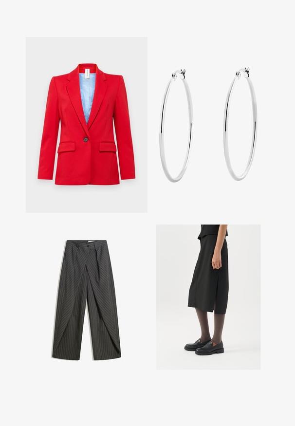 DRYKORN ATLIN - Blazer - red; Weißes sportliches Crop-Top aus leichtem, atmungsaktivem Material. Mit Mesh-Seitenpanelen und schwarzem, gesticktem Logo auf der Brust.; Graue Nadelstreifenhose mit lockerer Passform, einreihigem Knopfverschluss, Falten und weitem Bein. ; Schwarzer knielanger Rock mit seitlichem Schlitz, kombiniert mit schwarzen Loafers und transparenten braunen Strumpfhosen, aus glattem Stoff und mit einem schlichten Design.; Silberne Creolen mit einer glatten, polierten Oberfläche und einer dünnen, runden Form. Das Design verfügt über einen sicheren Verschluss.