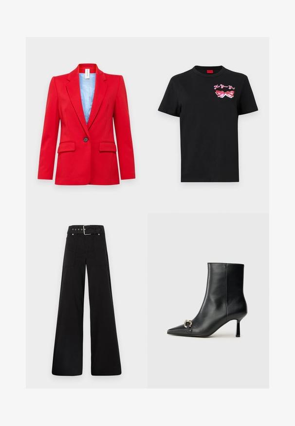 DRYKORN ATLIN - Blazer - red; T-shirt in cotone nero con maniche corte, caratterizzato da una grafica rosa di occhiali da sole e la scritta "Non tua ragazza" sulla parte sinistra del petto.; Pantaloni neri a gamba larga realizzati in cotone, con vita alta, ampie tasche laterali e vita con cintura arricchita da dettagli in metallo argentato.; Stivale alla caviglia in pelle nera con punta affusolata, tacco sottile di media altezza e dettaglio in fibbia argentata sul lato, su sfondo semplice.