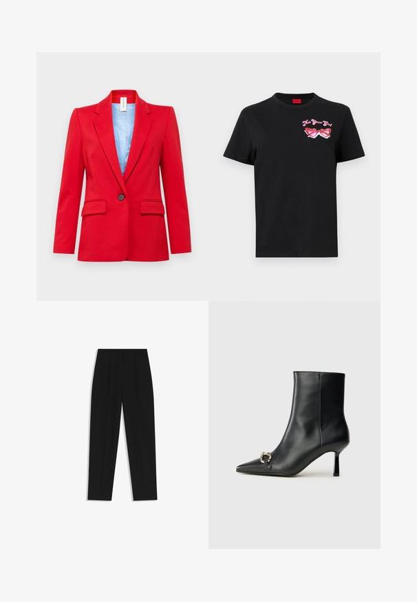 DRYKORN ATLIN - Blazer - red; Schwarzes Baumwoll-T-Shirt mit kurzen Ärmeln, das auf der linken Brustseite eine pinkfarbene Grafik von Sonnenbrillen und den Text "Not Your Girl" zeigt.; Schwarze Hose mit geradem Schnitt, doppelten Falten, einer glatten Textur und einem klassischen Bunddesign. Keine sichtbaren Beschläge oder Akzente.; Schwarze Leder-Stiefelette mit spitzer Zehe, schlankem, mittelhohem Absatz und silberner Schnalle seitlich vor einem schlichten Hintergrund.