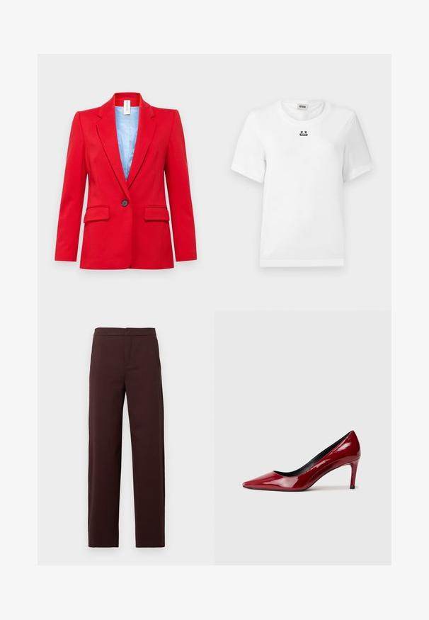 DRYKORN ATLIN - Blazer - red; White cotton t-shirt with short sleeves, featuring a small black graphic design of a face with heart eyes and a straight mouth on the chest.; Brown, high-waisted, straight-leg trousers made from a smooth fabric. Features side pockets and a clean, unembellished design.; Red patent leather high-heeled shoe with a pointed toe and a slim heel. Smooth texture with a glossy finish and black interior lining.