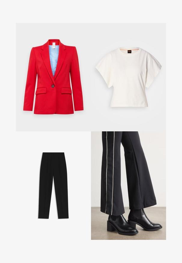 DRYKORN ATLIN - Bleiseri - red; Valkoinen lyhythihainen t-paita, leveät lyhyet hihat, pehmeää puuvillamateriaalia, pyöreä pääntie jossa hienovarainen oranssi reunus, minimaalinen muotoilu, ei kuvioita tai graafisia elementtejä.; Mustat housut suoran istuvuuden kanssa, joissa on kaksinkertaiset laskokset, sileä pinta ja klassinen vyötärönauhan muotoilu. Ei näkyviä metalliosia tai koristeita.; Mustat nahkasaappaat nilkkapituisilla, lohkareella, joissa on joustavat sivupaneelit. Yhdistetty mustiin housuihin, joissa on valkoinen sivuraita.