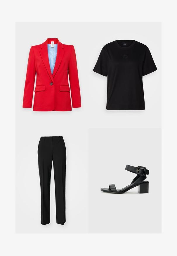 DRYKORN ATLIN - Bleiser - red; Mustmust särk, millel on ümar kaelus, lühikesed varrukad ja tindiga tikitud logo rinnal. Lihtne, mugav lõige ilma mustriteta.; Mustad ja sirged püksid, millel on sile tekstuur ja teravad voldid esiosas. Ilma nähtavate detailideta.; Must mustlastest mustaala sandaal, millel on reguleeritav pahkluu rihm, avatud varvaste disain ja ruudukujuline plokknina. Sujuv tekstuur, minimalistlik stiil.