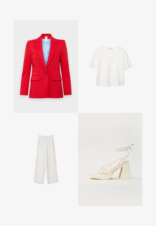 DRYKORN ATLIN - Blejzr - red; Bílý krátký rukáv tričko vyrobené z bavlny. Má kulatý výstřih a volný střih. Hladký materiál bez viditelných vzorů nebo akcentů.; Bílé široké kalhoty vyrobené z lehké tkaniny. Mají elastický pas se šňůrkou a boční kapsy. Hladká textura.; Bílé sandály na vysokém podpatku s robustním podpatkem, s designem s pásky a zavazováním kolem kotníku. Hladký povrch s platformou vpředu pro zvýšení výšky.