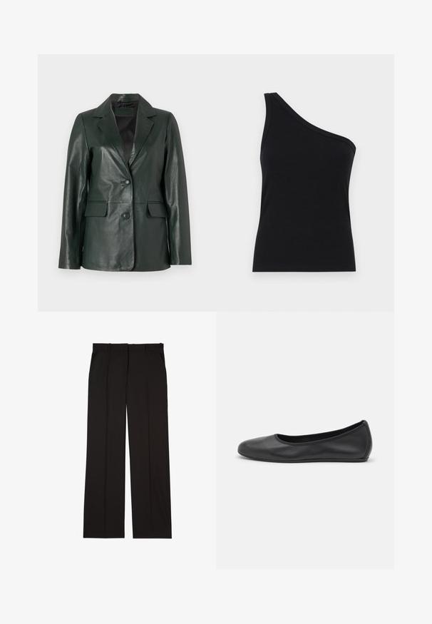 Tamsiai žalia odinė švarko striukė su įpjovu apykakle, dviem mygtukais ir dviem priekinėmis kišenėmis. Lygus paviršius ir pritaikyta forma. Nėra matomų metalinių detalių.; Juosmens juodos spalvos ribotuvas su viena petnešėle, tinkamu dizainu ir minkšta tekstūra. Išskirtinis švarus, minimalistinis kirpimas ir sklandus iškirpimas.; Juodos pritaikytos kelnės, pagamintos iš lygaus audinio, su tiesiomis kojomis ir dviem šoniniais kišenėmis. Elegantiška ir minimalistinė konstrukcija.; Juodai odiniai baletai su apvaliu pirštu, lygi texture, minimalus siuvimo detales ir lanksčiu padų dizainu.