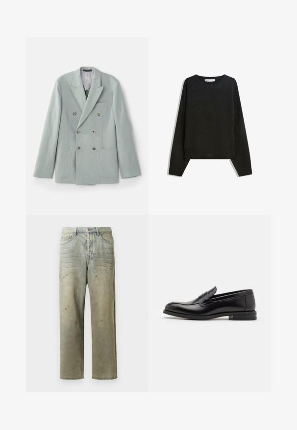 Double-breasted sako ve světlém mátovém zeleném odstínu s klopami, dvěma předními kapsami a hnědými knoflíky. Hladká textura.; Černý pletený svetr s kulatým výstřihem, žebrovanými manžetami a lemem. Design je široký s kleslými rameny pro pohodlný střih.; Odstřižené džíny v světle zelené barvě, se rovnými nohavicemi, pěti kapsami a nerovnoměrným vyblednutím s barevnými skvrnami.; Černé kožené polobotky s hladkou texturou, zaoblenou špičkou a zdobným páskem přes nárt. Nízký stohovaný podpatek, minimalistický design.
