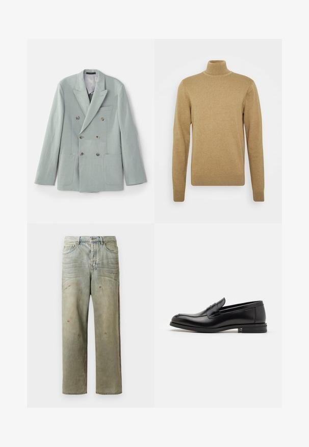 Double-breasted jacket in light mint green fabric featuring notched lapels, two front pockets, and brown buttons. Smooth texture.; Beige turtleneck sweater made of soft knit fabric. Features long sleeves and a fitted design. Ribbed hem and collar accents.; Distressed denim jeans in light green, featuring a straight leg, five-pocket design, and uneven fading with paint splatters.; Black leather loafers with a smooth texture, rounded toe, and a decorative strap across the vamp. Low stacked heel, minimalist design.