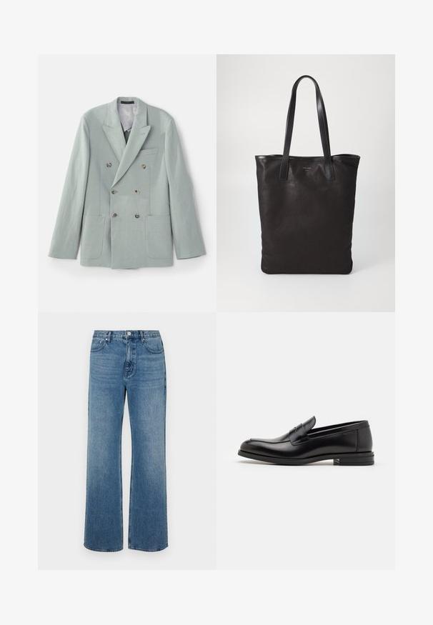 Dubbelt knäppt jacka i ljus mintgrön tyg med slagkrage, två framfickor och bruna knappar. Slät textur.; Vit skjorta med knappar och krage, med subtila vertikala ränder, långa ärmar, en bröstficka och klassisk rundad nederkant.; Vida blå jeans i vida ben av denim med en blekt finish. Har fem fickor, knappstängning fram och rak skärning.; Svarta läderloafers med en slät yta, rund tå och ett dekorativt band över främre delen. Låg staplad klack, minimalistisk design.; Svart canvas toteväska med svarta läderhandtag. Enkel design, rymlig kropp och en slät textur. Inga synliga logotyper eller mönster.