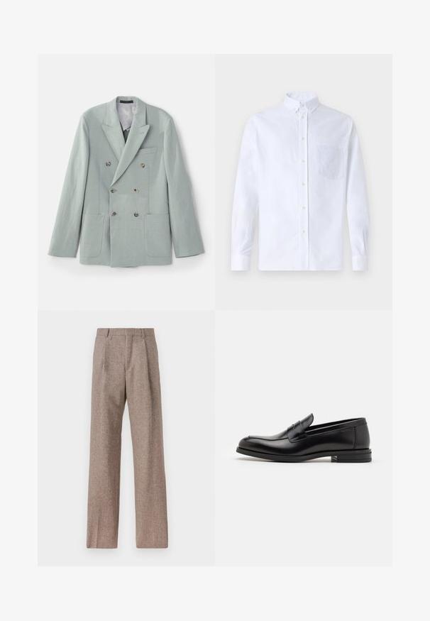 Švarkas dubliniu priekyje, pagamintas iš šviesiai mėtinės spalvos audinio, su išpjautomis apykaklėmis, dviem priekiniams kišenėms ir rudiem mygtukais. Glotnus paviršius.; Balta ilga rankovė mygtukų marškiniai, pagaminti iš medvilnės, su krūtine kišene ir toniniu siuvinėjimu, apykakle ir mygtukų apvadu.; Rudos, aukšto liemens kelnes, pagamintas iš tekstūruotos medžiagos. Plati kojos, dvi priekinės klostės struktūrai. Tvarkingas apdailos darbai, be matomų detalių.; Juodos odinės loafers, turinčios lygų paviršių, apvalią noselę ir dekoratyvinę juostą per priekinę dalį. Žemas krentantis kulnas, minimalistinis dizainas.