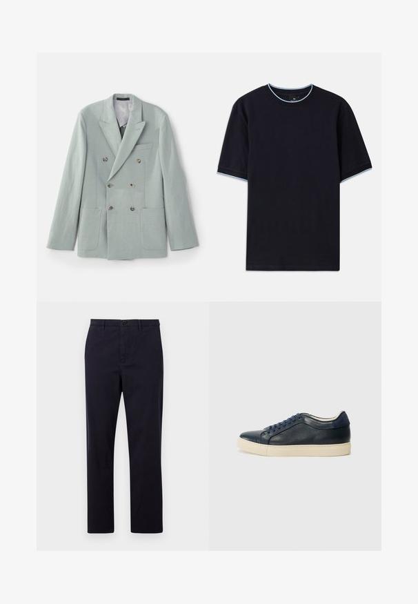 Double-breasted jacket in light mint green fabric featuring notched lapels, two front pockets, and brown buttons. Smooth texture.; Dark blue short-sleeve t-shirt with a round neckline, featuring light blue accent at the collar and sleeves. Made of soft cotton fabric.; PS Paul Smith TROUSER - Chinos - dark blue; Navy blue leather sneaker with cream rubber sole, featuring blue laces and a smooth texture. Rounded toe and minimalistic design.