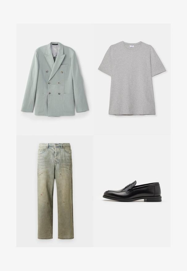Divkāršs žakets gaiši piparmētru zaļā audumā ar iegrieztām atloks, divām priekšējām kabatām un brūniem pogām. Gluda tekstūra.; Pelēks īsā piedurkņu T-krekls, kas izgatavots no mīkstas, teksturētas auduma. Tam ir klasiskā apļa kakla izgriezums un taisna apakšmalā, piemērots ikdienas valkāšanai.; Izsistās džinsās gaisā zaļā krāsā, ar taisnu kāju, piecu kabatu dizainu un nevienmērīgu izbalēšanu, kā arī krāsas šļakatas.; Melnas ādas kurpes ar gludu tekstūru, noapaļu purngalu un dekoratīvu siksniņu pāri priekšpusei. Zems sakrauts papēdis, minimālisma dizains.