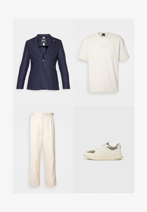 Tamsiai mėlynas švarkas su vienu mygtuku, dviem priekinėmis kišenėmis ir įpjovimu. Tekstūruota medžiaga su lieknu siluetu.; BOSS TEE - Paprasti marškinėliai - open white; Bežinės medvilninės kelnės su tiesiu kirpimu, turinčios mygtuko uždarymą ir priekyje raukšles papildomai dekoratyviam akcentui.; Baltas ir šviesiai bežinis sportinis kedas, su tinklo viršumi, perforuotais detalėmis ir tekstūruotu tarpine su logotipu ant kulno.