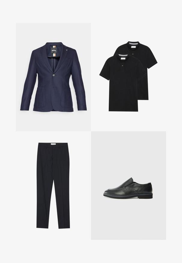 Blazer azul-escuro com fecho de botão único, dois bolsos frontais e lapela em corte de notches. Tecido texturizado com um design slim fit.; Duas camisetas polo pretas, de manga curta, em material de algodão, com colarinho clássico, abertura com dois botões e detalhes em riscas brancas no interior do colarinho.; Calças pretas ajustadas com frente plana, corte regular, feitas de tecido suave, com pregas prensadas e bolsos laterais.; Sapato slip-on preto em pele com um upper liso, acabamentos cosidos, bico arredondado e um salto de borracha baixo. A sola apresenta um padrão de aderência mínimo.