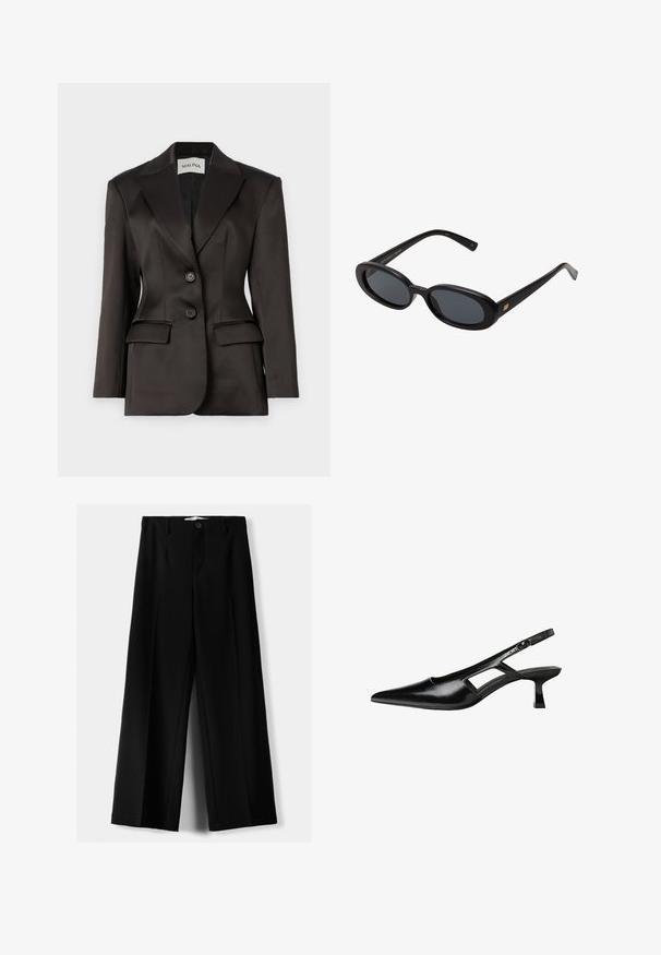 Svart satinblazer, enkelknäppt design med två knappar, slagkrage, strukturerade axlar och två framfickor. Slät textur.; Svart långärmad topp med off-shoulder halsringning, vridet tygdesign vid bröstet och en stor rosettdetalj framtill.; Svarta vida byxor i lätt material, med knappstängning fram och platt front, samt väl sydda fållar.; Svart lackläder slingback-klackar med spetsig tå, utskuren sidor och en liten fyrkantig klack. Slät textur med minimala accenter.; Svarta överdimensionerade solglasögon med ovala linser, slät plastbåge och guldaccent på bågarna. Mörka linser ger solskydd.