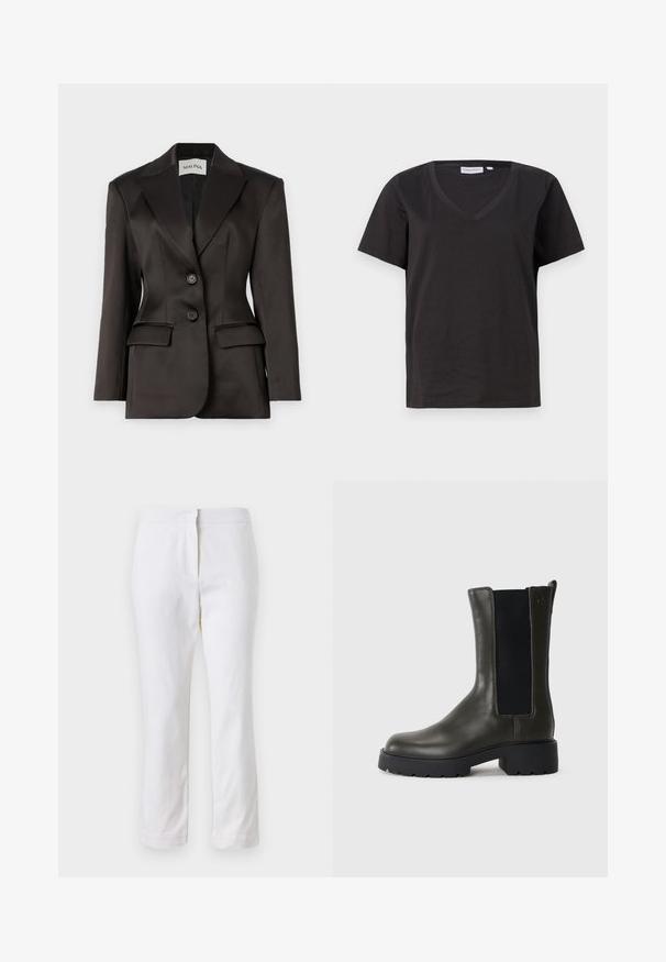 Blazer en satin noir, design à boutonnière simple avec deux boutons, col cranté, épaules structurées et deux poches avant. Texture lisse.; T-shirt en coton noir avec un col en V et des manches courtes. Design simple avec une coupe régulière et sans motifs ni accents.; Pantalons en coton blancs avec une coupe droite, dotés d'une taille mi-haute et sans matériel ou motifs visibles. Texture lisse sur l'ensemble.; Bottine en cuir vert avec des panneaux élastiques sur les côtés, bout arrondi et semelle en caoutchouc. Présente une finition texturée et un talon épais.