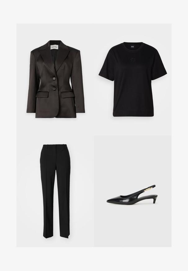 Czarna satynowa marynarka, jednorzędowa konstrukcja z dwoma guzikami, klapami, wyraźnie zarysowane ramiona oraz dwoma przednimi kieszeniami. Gładka tekstura.; Czarny bawełniany t-shirt z okrągłym dekoltem, krótkimi rękawami i haftowanym logo na piersi. Prosty, luźny krój bez wzorów.; Czarne spodnie o dopasowanym kroju z prostymi nogawkami, o gładkiej fakturze i wyraźnych zagięciach z przodu. Bez widocznych elementów metalowych.; Czarne skórzane szpilki typu slingback z ostrym noskiem, posiadające smukły obcas i złoty akcent na regulowanym pasku. Gładka tekstura.