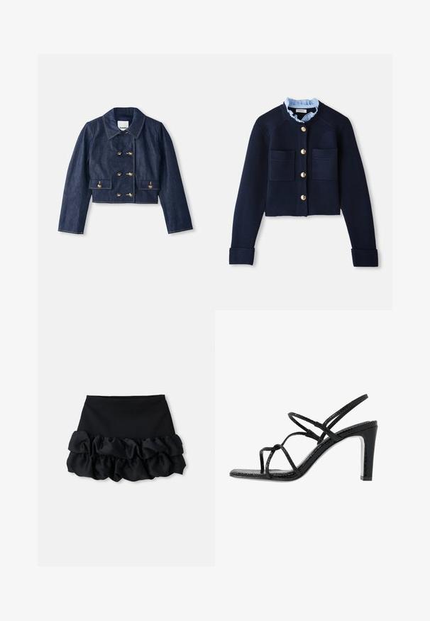 Denimist lühike jakk terava kraega, topelt-nööbiga kuldne sulgemine ja kaks eesmist taskut. Omab kontrastset õmblust.; Tumesinine lühike kardigan kahe eesoleva tasku, kuldsete nuppude ja helesinise rüüdatud kraega. Valmistatud ribakudumist.; Hallide halli lühikeste varrukatega kardigan, millel on keerduv muster, denimist krae ja viis kuldset nööpi esiteljel.; Mustmust valge mini-seelik, millel on sobituv ülemine osa ja kolm kihti volangidega kangast allosas, sujuva tekstuuri ja puhaste joontega.; Mustad mustekad jalanõud õhukeste rihmadega, tekstuuritud pinnaga, avatud varba ja libiseva, terava kontsaga disain. Omab sileda sisesooli ja läikivat pinda.