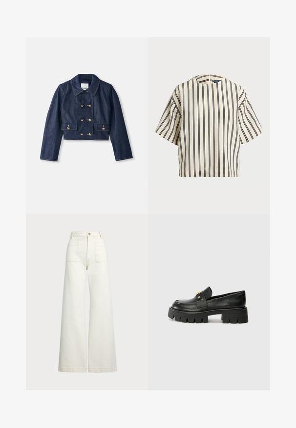Jachetă din denim scurtă cu guler ascuțit, închidere cu butoane aurii duble și două buzunare frontale. Prezintă cusături contrastante.; Cămașă cu mâneci scurte, cu dungi în nuanțe de crem și bleumarin, având un decolteu rotund și un design dreptunghiular dintr-un material texturat.; Jeans cu picioare late din denim alb-crem. Design cu talie înaltă, cu închidere prin nasture, două buzunare frontale și detalii cu cusături contrastante.; Mocasini negri din piele cu o talpă groasă, având un accent aurit în față și un finisaj neted. Design cu ștanțare groasă pe talpă.