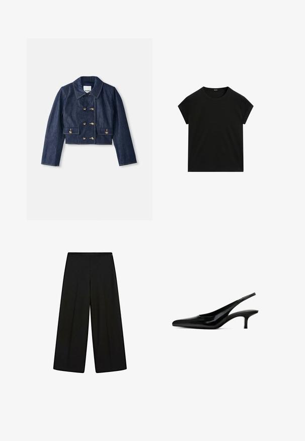 Jeansjacka i kort modell med spetsig krage, dubbelknäppt guldknappsstängning och två framfickor. Har kontraststickning.; Svart kortärmad t-shirt med rund halsringning och rak fåll, visad liggande på en vit bakgrund.; Svarta vida byxor i mjukt tyg, med hög midja och veck, som har en slät yta utan synliga dekorationer.; Svart spetsig slingback-sko med en glansig läderfinish och en tunn, låg klack. Har en utskärning på sidan för andningsförmåga.