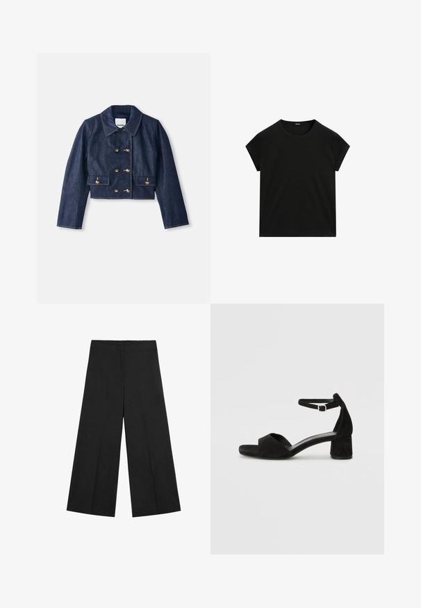 Giacca in denim corta con collare a punta, chiusura doppiopetto con bottoni dorati e due tasche frontali. Presenta impunture a contrasto.; T-shirt nera a maniche corte con collo rotondo e orlo dritto, presentata in piano su uno sfondo bianco.; Pantaloni neri a gamba larga con elastico in vita. Realizzati in tessuto leggero, con una trama liscia e un design pulito e minimalista.; Sandali con tacco in suede nero, con una sottile fascia alla caviglia, design open toe e un discreto tacco a blocco. Texture liscia e decorazioni minime.