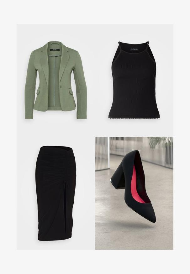 Grønn blazer laget av mykt stoff, med en enkelt knappelukking, to frontlommer og en skreddersydd passform med noterte slag.; Svart ribbet tanktopp med scallop lace detaljer i kanten. Har tynne stropper og en kroppsnær design. Laget av elastisk stoff.; Svart, rynket blyantskjørt med knyting og sidelits. Laget av et elastisk stoff, med en glatt tekstur og en kroppsnær passform.; Svart høye hæler med spiss tå, teksturert overflate og en livlig rosa innside. Har en kraftig hæl med sølvdetaljer.