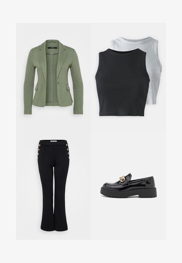 Vihreä bleiseri, joka on valmistettu pehmeästä kankaasta, jossa on yksittäinen napin sulku, kaksi etutaskua ja muotoiltu istuvuus, jossa on viistoreunaiset läpipainopidikkeet.; Even&Odd Petite 2 PACK - Toppi - light grey/black; Mustat leveälahkeiset housut, jotka on valmistettu sileästä kankaasta, kultaisilla napituskoristeilla vyötäröllä ja hyvin istuvalla siluetilla.; Musta kiiltonahasta valmistettu loaferit, joissa on paksu musta pohja ja kultaiset yksityiskohdat. Tasainen pinta ja pyöristetty kärki.