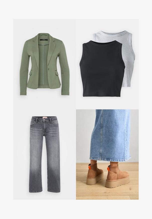 Blazer vert en tissu doux, avec une fermeture à un bouton, deux poches à l'avant et une coupe ajustée avec revers.; Even&Odd Petite 2 PACK - Débardeur - light grey/black; Jean en denim gris avec un design à jambe droite, style cinq poches, décoloration subtile et fermeture à bouton à la taille.; Bottes en suède brun à plateforme avec des panneaux latéraux élastiques et des languettes orange, associées à une jupe en denim clair arrivant au genou sur un sol en bois.