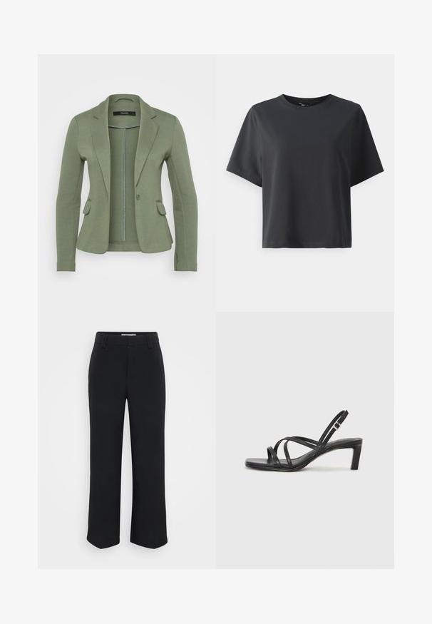 Grøn blazer lavet af blødt stof, med enkelt knaplukning, to forlommer og en skræddersyet pasform med klapflip.; Sort bomulds t-shirt, korte ærmer, rund hals, afslappet pasform, glat tekstur, enkelt design, ingen mønstre eller accenter.; Sorte brede bukser med en glat tekstur, der har en flad talje og sidelommer, designet med en minimalistisk æstetik.; Sort remsandale med firkantet tå og en lav blokeret hæl. Har flere tynde stropper og en justerbar ankelrem. Fremstillet af glat læder.