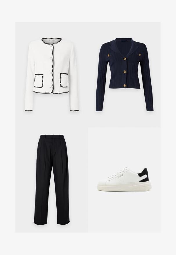 White textured jacket featuring black scalloped trim, round silver buttons, and two front pockets with matching accents.; Navy ribbed cardigan with long sleeves, cropped design, notched collar, and four gold button accents on the front.; Knitted white short-sleeve top with subtle pattern, featuring a round neckline and gold accent at the hem. texture appears lightweight and breathable.; Black trousers with a tailored design, featuring a high waist, pleats, and straight leg cut. Made from smooth fabric with a solid color.; White leather sneakers with a thick white sole, black suede heel accent, and embossed logo on the side. Laced design with six eyelets.