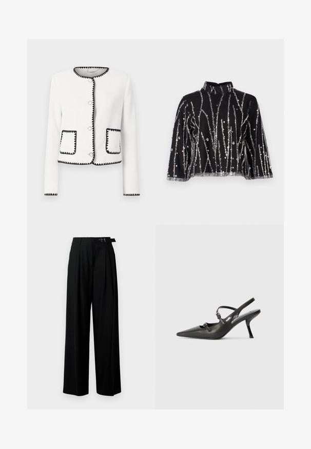 White textured jacket featuring black scalloped trim, round silver buttons, and two front pockets with matching accents.; Black cropped top with high neck, featuring silver sequined vertical lines, sheer sleeves, and textured fabric.; Black wide-leg trousers with a high waist, pleats at the front, and a belt featuring a buckle. Made from smooth, lightweight fabric.; Black leather slingback heels with a pointed toe, slender heel, and decorative buckle detail on the vamp. Smooth texture and sleek design.