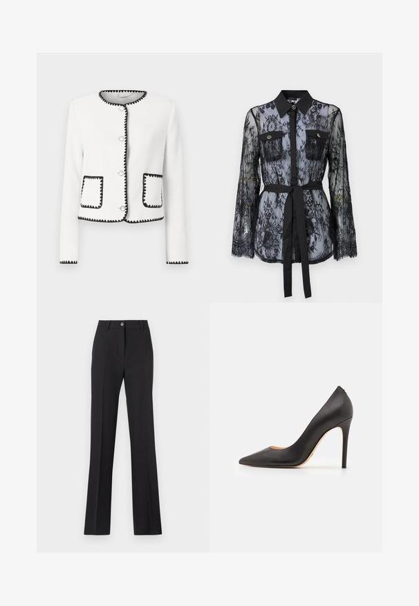 Witte textuurjack met zwarte geschulpte rand, ronde zilveren knopen en twee voorzakken met bijpassende accenten.; Zwarte kanten blouse met lange mouwen, knoopzakken op de borst, een klassieke kraag en een stoffen riem die op de taille is gestrikt. Doorzichtige uitstraling.; Zwarte, op maat gemaakte broek met een rechte pijpdesign. Beschikt over een knoopsluiting, riemlussen en een zachte, matte textuur.; Zwarte leren hoge hakken met een spitse neus en een gladde textuur, met een slanke hak en een minimalistisch ontwerp.