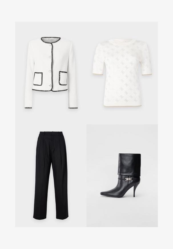Jachetă albă texturată, cu detalii negre ondulate, butoni rotunzi argintii și două buzunare frontale cu accente coordonate.; Tricou alb cu mânecă scurtă, tricotat, cu un model subtil, având un guler rotund și un accent auriu la tiv. Textura pare ușoară și respirabilă.; Pantaloni negri cu un design tailored, având talie înaltă, pliseuri și croi drept. Realizați dintr-un material neted de culoare solidă.; Botine negre din piele, cu vârf ascuțit, toc înalt și subțire, cu manșetă pliată și un detaliu decorativ cu cataramă aurie la gleznă.