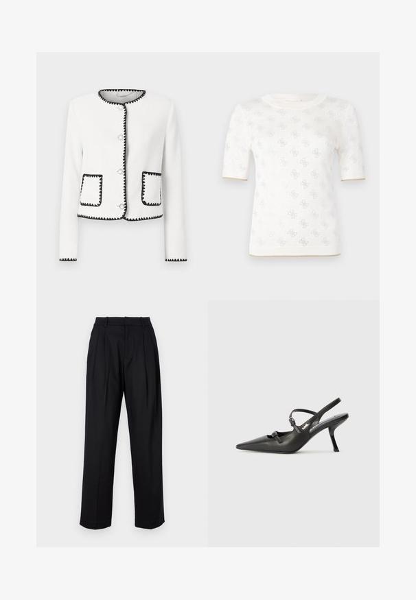 Hvit teksturert jakke med svart bølget kant, runde sølvknapper og to frontlommer med matchende detaljer.; Strikket hvit kortermet topp med subtilt mønster, med rund hals og gulldetalj ved kanten. Teksturen virker lett og pustende.; Sorte bukser med en skræddersyet design, der har høj talje, folder og lige ben. Lavet af glat stof i en ensfarvet farve.; Sorte skinn slingback-hæler med spiss tå, slank hæl og dekorativ spenne detalj på vampsiden. Glatt tekstur og stilrent design.