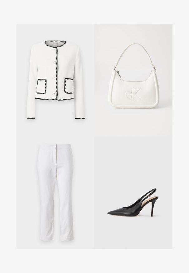 Weißer strukturierter Blazer mit schwarzem gewelltem Besatz, runden silbernen Knöpfen und zwei vorderen Taschen mit passenden Akzenten.; Weißes, kurzes T-Shirt, kurze weite Ärmel, weicher Baumwollstoff, runder Ausschnitt mit subtilen orangefarbenen Akzenten, minimales Design, keine Muster oder Grafiken.; Weiße Baumwollhose mit geradem Bein, mittelhoher Taille und ohne sichtbare Beschläge oder Muster. Glatte Textur auf der gesamten Fläche.; Schwarze Leder-Slingback-Pumps mit spitzer Zehenform, glatter Textur und einem zarten Riemen mit einer metallischen Schnalle.; Weiße Lederhandtasche mit abgerundeter Form, ausgestattet mit einem geprägten "CK"-Logo auf der Vorderseite und einem Einzel-Schultergurt. Reißverschluss oben.