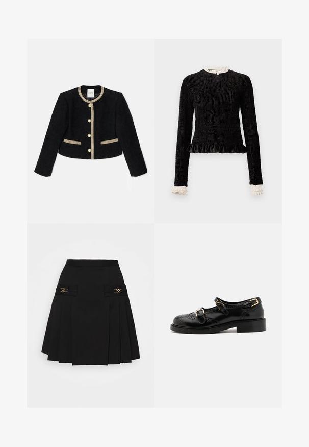 Mustassa lyhyessä takissa on teksturoitua kangasta, kultaiset yksityiskohdat, viisi nappia ja kaksi sivutaskua, joissa on kultaisia accentteja.; Musta pitkähiha-aita, jossa on teksturoitu kangas, röyhelöhelma ja valkoiset röyhelökoristeet kauluksessa ja hihoissa. Sisältää keskeisen silmukkakiinnityksen.; Musta laskostettu hame kullansävyisillä yksityiskohdilla. Sivutaskut logotiedoilla, valmistettu sileästä materiaalista. A-linjainen siluetti.; Musta nahkakengät brogue-yksityiskohdilla, joissa on kaksi solkea, pyöristetty kärki ja matala korko. Sileä pinta kiiltävällä viimeistelyllä.