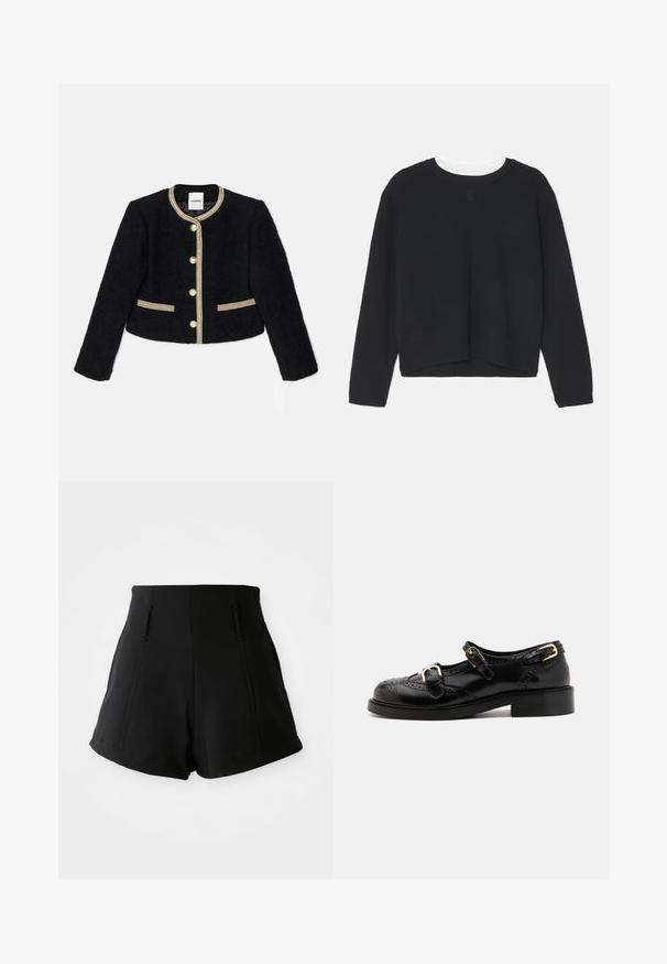 Zwarte cropped jas gemaakt van textuurstof, met gouden bies, vijf knopen en twee zijzakken met gouden accenten.; Zwarte sweatshirt met lange mouwen, ronde halslijn en een iets verkort zoom. Gemaakt van zachte stof, met een subtiele logodetail aan de voorkant.; Hoge taille zwarte shorts van gladde stof, met twee voorzakken, een getailleerde pasvorm en schone, eenvoudige lijnen.; Zwarte leren schoenen met brogue-details, voorzien van twee gespsluitingen, een ronde neus en een lage hak. Glad oppervlak met een glanzende afwerking.