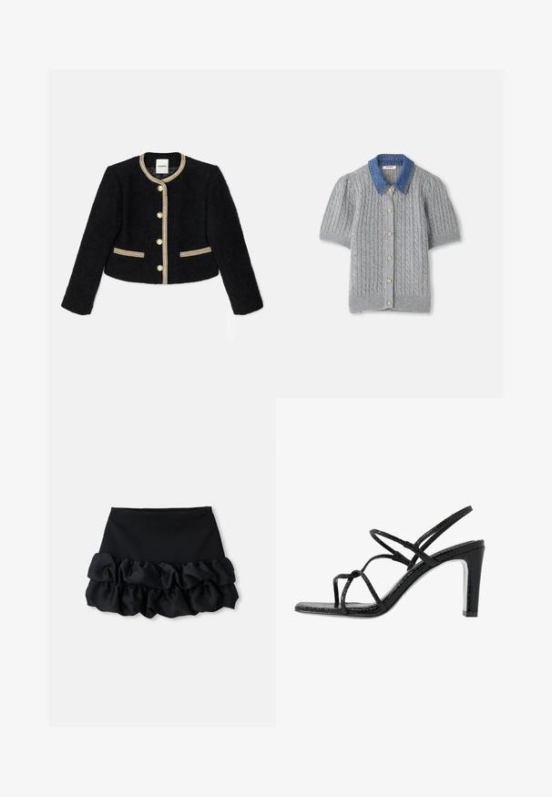 Sort cropped jakke lavet af struktureret stof, med guldtrim, fem knapper og to sidelommer med guld detaljer.; Grå strikket kortærmet cardigan med et kabelmønster, som har en denimkrave og fem guldknapper foran.; Sort mini-skjorte med en tætsiddende top og tre lag af flæser nederst, med en glat tekstur og rene linjer.; Sorte hælede sandaler med tynde stropper, en tekstureret overflade, åben tå og et slankt, spidst hældesign. Har en glat indersål og en skinnende overflade.