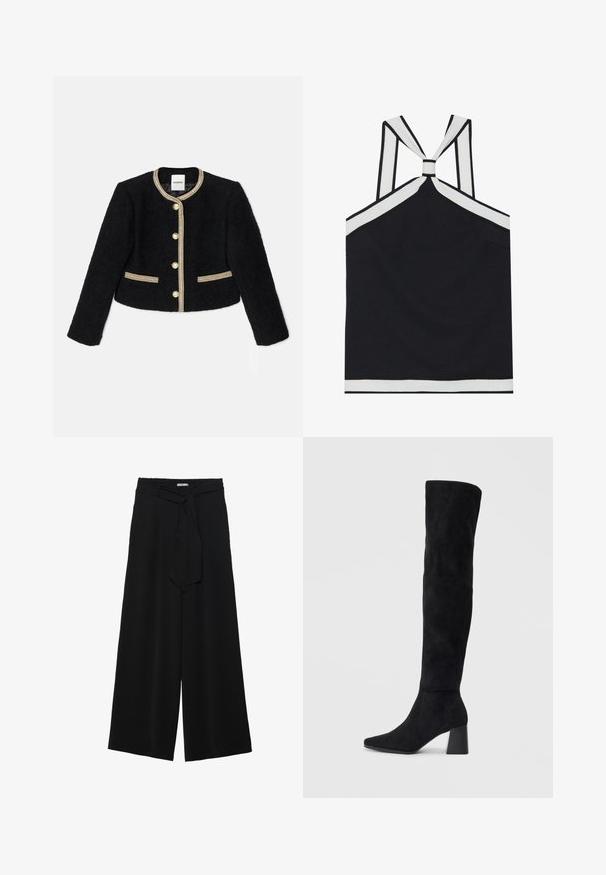 Schwarze, kurz geschnittene Jacke aus strukturiertem Stoff, mit goldenen Akzenten, fünf Knöpfen und zwei seitlichen Taschen mit goldenen Details.; Schwarzes Haltertop mit weißen Akzenten, das ein geknotetes Rückendesign, eine strukturierte Oberfläche und eine figurbetonte Silhouette bietet. Einfach und modern.; Schwarze weite Hosen aus strukturiertem Stoff, mit elastischem Bund und einem abnehmbaren Bindegürtel in der Taille für eine verstellbare Passform.; Schwarze Wildleder-Stiefel bis zum Knie mit Blockabsatz, spitzer Zehe und glattem, nahtlosem Design auf einem schlichten, hellen Hintergrund.