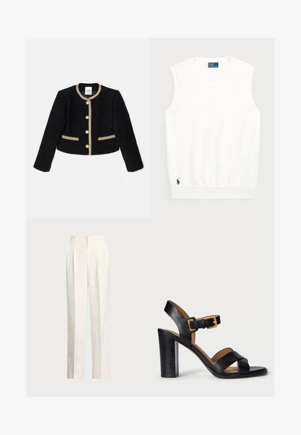 Schwarze, kurz geschnittene Jacke aus strukturiertem Stoff, mit goldenen Akzenten, fünf Knöpfen und zwei seitlichen Taschen mit goldenen Details.; Weißer ärmelloser Pullover aus glattem Baumwollmaterial, mit einem gerippten Saum und einem kleinen marineblauen Logo unten links. Einfaches Design, keine Muster.; Polo Ralph Lauren HEMP WIDE LEG PANT - Stoffhose - nevis; Schwarze Leder-Absatzsandalen mit einem überkreuzten Riemendesign und einem Schnallenverschluss. Sie verfügen über einen dicken Absatz und eine glatte Textur.