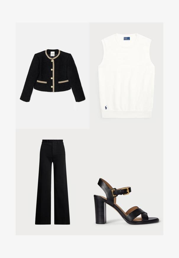 Giacca nera corta realizzata in tessuto testurizzato, con rifiniture dorate, cinque bottoni e due tasche laterali con dettagli dorati.; Maglione bianco senza maniche realizzato in cotone liscio, con orlo a coste e un piccolo logo blu navy in basso a sinistra. Design semplice, senza motivi.; Pantaloni neri a gamba larga realizzati in tessuto intrecciato, con vita alta, chiusura anteriore con bottone e tasche laterali. Texture liscia con linee pulite.; Sandali con tacco in pelle nera con design a strap incrociati e chiusura a fibbia. Presentano un tacco spesso e una superficie liscia.