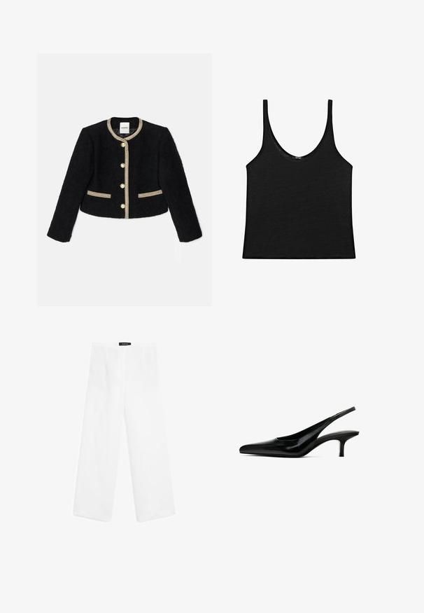 Černá zkrácená bunda vyrobená z texturované tkaniny, zdobená zlatými detaily, se pěti knoflíky a dvěma bočními kapsami se zlatými akcenty.; Černý top bez rukávů z měkkého materiálu s kulatým výstřihem a tenkými ramínky. Jednoduchý, zkrácený design s čistými okraji a bez vzorů.; Bílé lněné kalhoty širokého střihu s hladkým povrchem, mají středně vysoký pas, dvě přední kapsy a jednoduchý design.; Černý špičatý slingback s lesklou koženou povrchovou úpravou a tenkým, nízkým podpatkem. Obsahuje výřez na boku pro prodyšnost.