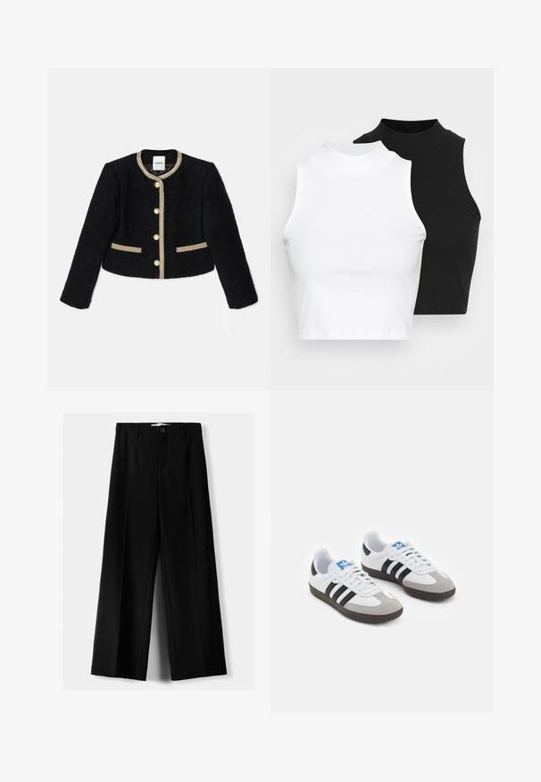 Schwarze, kurz geschnittene Jacke aus strukturiertem Stoff, mit goldenen Akzenten, fünf Knöpfen und zwei seitlichen Taschen mit goldenen Details.; Zwei ärmellose, gerippte Rollkragenoberteile in Schwarz und Weiß, mit einer figurbetonten Passform und glatter Textur sowie einer cropped Länge.; Schwarze weite Hosen aus leichtem Stoff, mit einem Knopfverschluss vorne und flachem Bund, mit sorgfältig genähten Säumen.; Sportschuhe mit einem Obermaterial aus weißem Leder, grauer Wildleder-Zehenkappe und drei schwarzen Streifen. Sie verfügen über ein blaues Logo auf der Zunge und eine strukturierte Gummisohle.