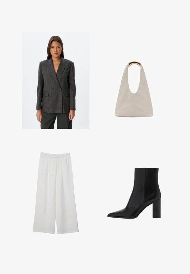 Blazer gris à double boutonnage avec des rayures rouges, revers crantés, poches avant, et coupe ajustée. Fabriqué en tissu texturé.; Chemise noire à manches longues et crop en coton doux. Présente un col rond et une coupe ample avec des épaules tombantes. Pas de motifs ni d'accents visibles.; Pantalons larges blancs en tissu léger, avec une taille élastique et un cordon de serrage pour un ajustement réglable. Texture lisse.; Botte chelsea en cuir noir avec un bout pointu, un talon carré, une texture lisse et des détails de couture le long des coutures. Les talons mesurent environ 8,9 cm.; Sac en cuir gris clair avec un design en forme de U et une poignée métallique courbée. Texture lisse avec un minimum de coutures et sans motifs visibles.