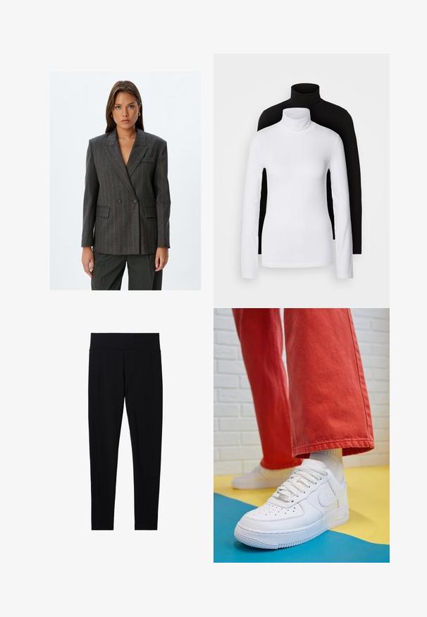 Double-breasted gray blazer with red pinstripes, notch lapels, front pockets, and tailored fit. Made of textured fabric.; Two long-sleeve turtleneck tops, one white and one black, made of a smooth, stretchy fabric, both featuring slim-fitting design and high collars.; Black stretchy leggings with a wide, soft waistband, featuring a smooth texture and a fitted silhouette, suitable for various activities.; White leather sneaker with perforated toe box, textured sole, and white laces, paired with wide red pants and a blue and yellow background.