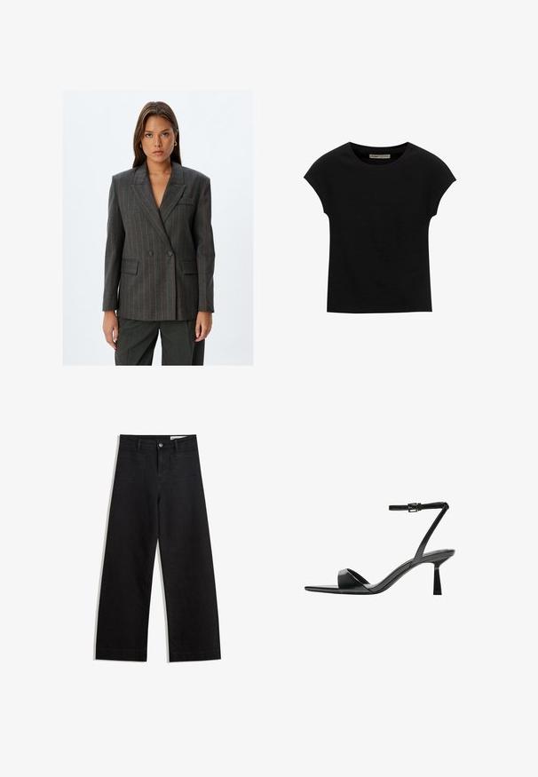 Double-breasted grijze blazer met rode streepjes, notch revers, voorzakken en een getailleerde pasvorm. Gemaakt van gestructureerde stof.; Zwarte korte mouwen t-shirt gemaakt van zachte stof, met een ronde halslijn en een ontspannen pasvorm, met een gladde textuur en zonder patronen.; Zwarte denim broek met wijde pijpen en een hoge taille, voorzien van voor- en achterzakken, gestikte naden en een knoopsluiting. Gladde textuur.; Bershka Sandalen met hoge hak - black
