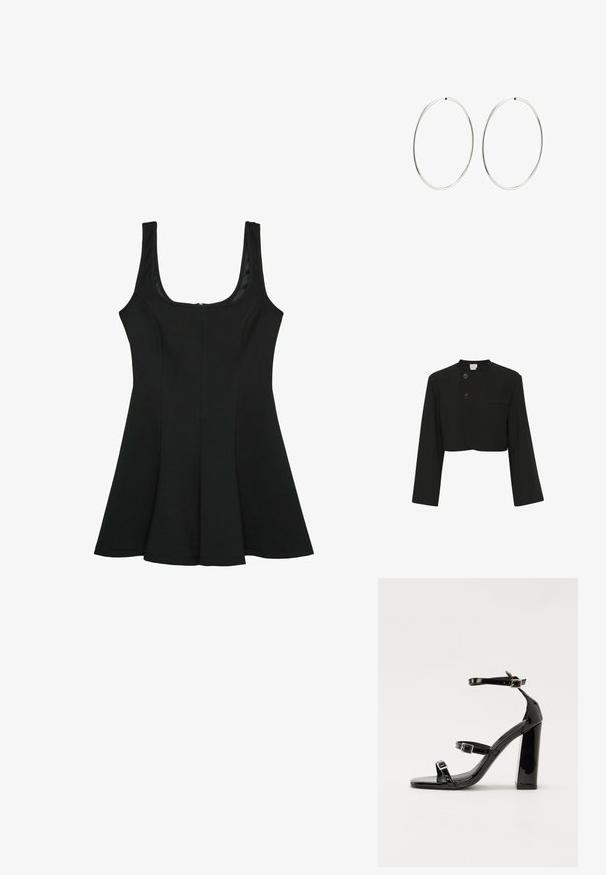 Czarna krótka kurtka z wysokim kołnierzem, dwoma przednimi guzikami i jedną kieszenią. Posiada długie, szerokie rękawy i gładką fakturę materiału.; Czarna sukienka bez rękawów z okrągłym dekoltem. Rozkloszowany fason A-linii, wykonana z gładkiego materiału, z ukrytym zamkiem błyskawicznym z tyłu.; Czarne lakierowane sandały na obcasie z kwadratowym noskiem, z paskami wokół kostki i srebrnymi klamrami. Posiadają masywny słupek dla stabilności.; Czarna skórzana torba hobo o gładkiej fakturze, zaokrąglonym kształcie i pojedynczym, regulowanym pasku; posiada szerokie otwarcie na górze.; Srebrne kolczyki na kółku o gładkim, okrągłym kształcie i wypolerowanym wykończeniu. Są cienkie i lekkie, z prostym zapięciem.