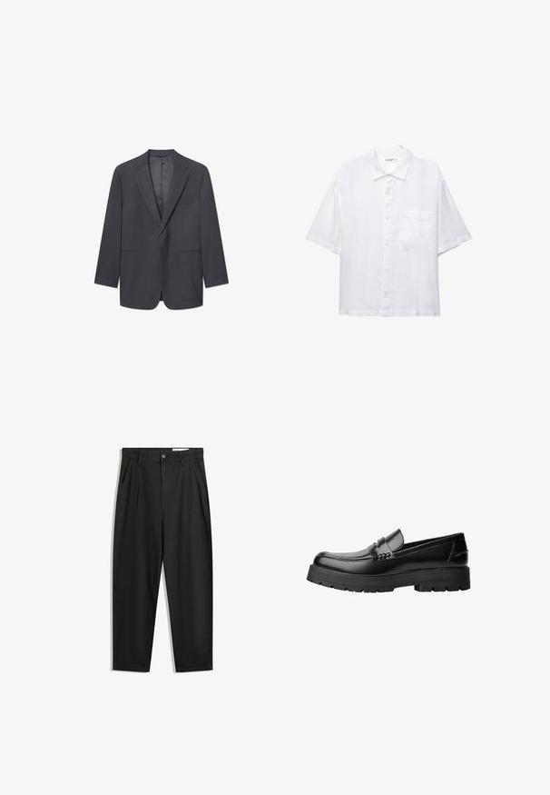 Donkergrijze herenblazer met notch-lapels, enkele knoopsluiting, twee voorzakken en een gladde binnenvoering. Tailored fit.; Witte korte mouwen shirt met een knoopsluiting aan de voorkant, kraag en een enkele borstzak. Gemaakt van lichte stof met een gladde textuur.; Zwarte katoenen broeken met een losse pasvorm, voorzien van een klassieke tailleband, voorplooien en zijzakken. Gladde structuur zonder patronen.; Zwarte leren loafer met een chunky profielzool en een decoratieve band over de bovenkant, weergegeven in het linkerzijprofiel op een witte achtergrond.